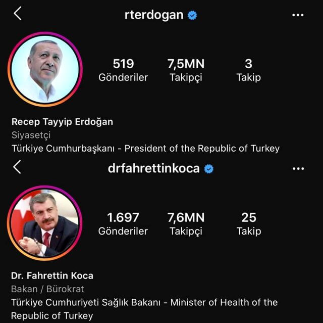 Koronavirüs erdoğan ve fahrettin koca instagram takipçi